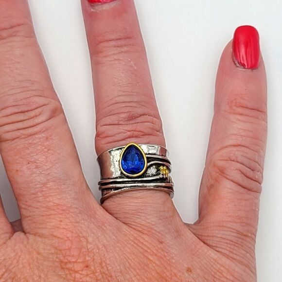 sterling silver with goldtone accent, teardrop blue stone acce… - Picture 2 of 7